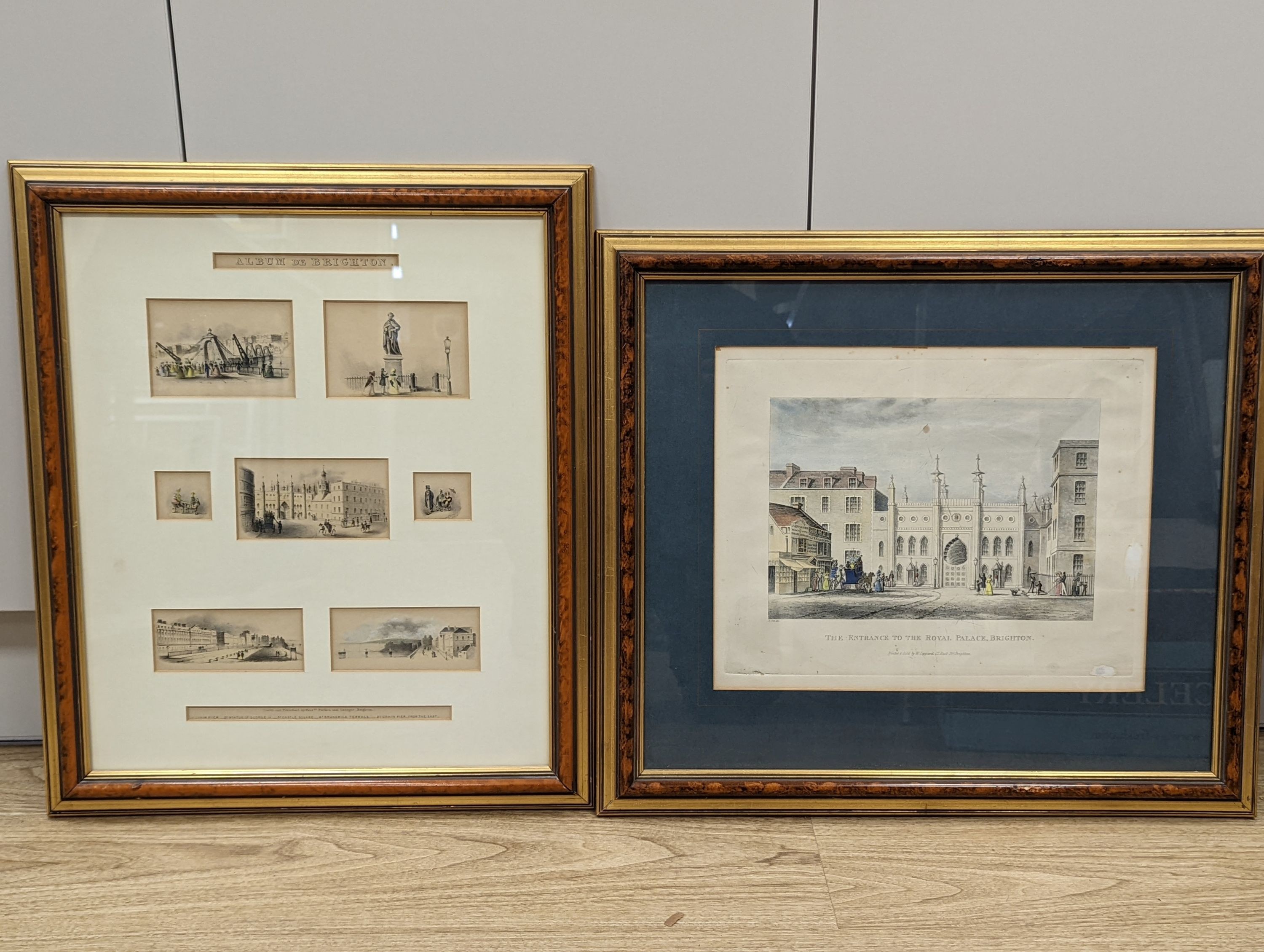 The entrance to the Royal Palace, Brighton, aquatint, printed and sold by W Leppard, 28.5 x 36 cm and seven lithographic vignettes of Brighton drawn and published by Messrs Berthou and Georges, Brighton, in two frames